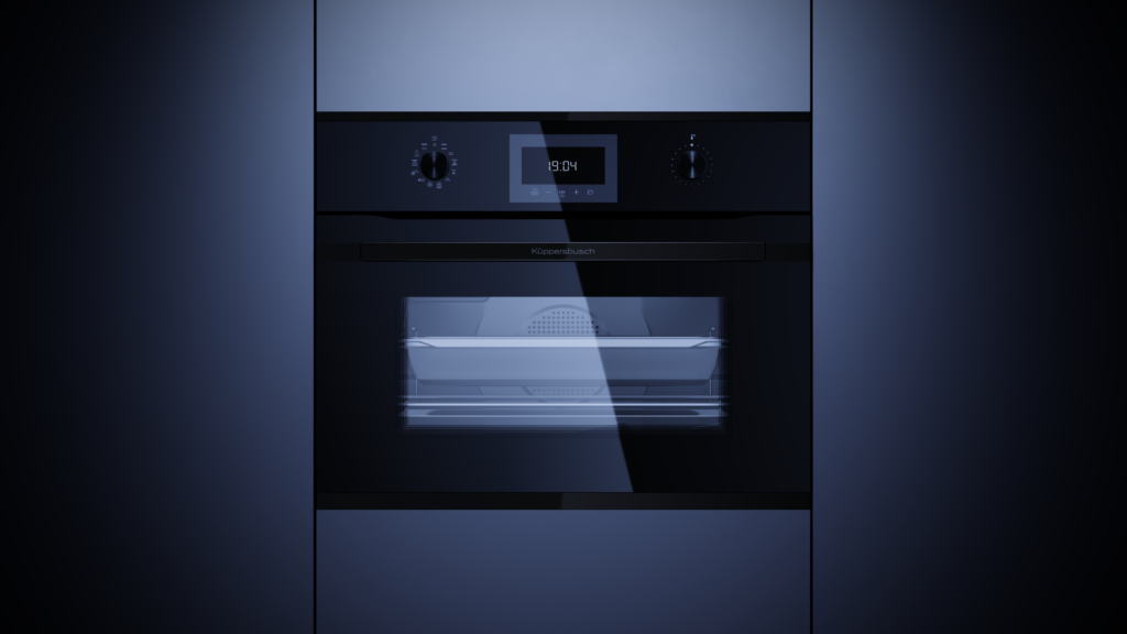 A modern black Kupperbusch built-in oven with a glass door, displaying a digital clock reading 19:04. The oven interior is dimly lit, showing a baking tray inside.