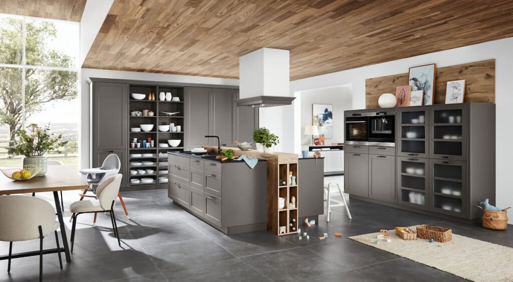 A spacious family-friendly kitchen island with built-in storage, perfect for organizing a busy kitchen.