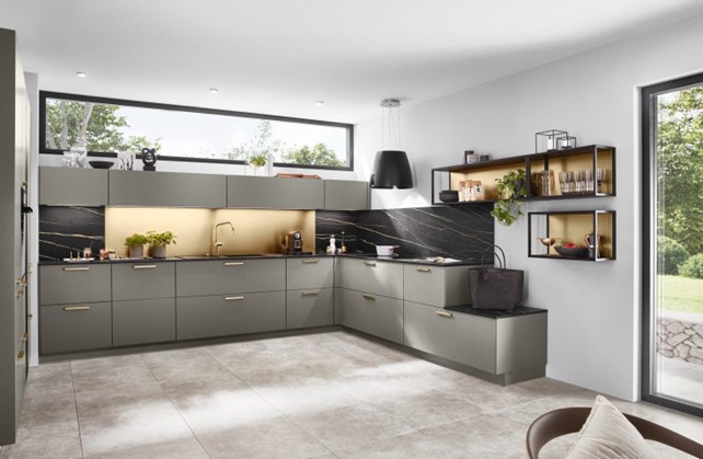 Elegant luxury kitchen interior design featuring modern gray cabinets, black marble backsplash, and stylish open shelving, exemplifying sophisticated and functional design.